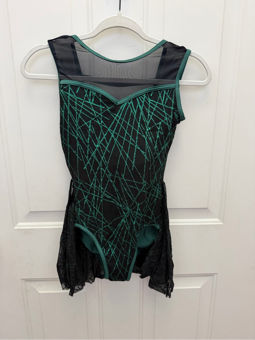 Weissman Black One-Piece Skater Leotard with Green Sparkle Accents